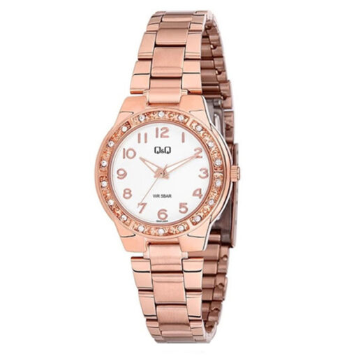 Q&Q-Q691J024Y rose gold stainless steel white dial stone engraved case ladies analog watch