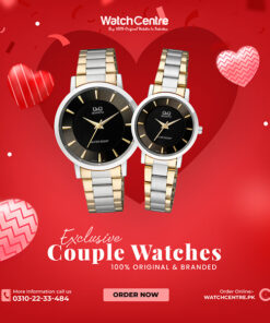 Q&Q-Q945-Q944J402Y-pair black dial two tone stainless steel chain analog pair gift watches