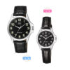 Q&Q QA06J & QA07J305Y black leather strap round analog dial pair watch foe couple