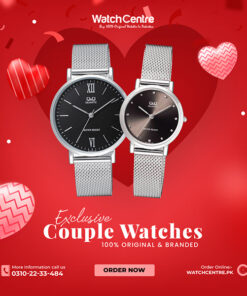 Q&Q QA20-QA21J222Y Black dial Silver Chain Citizen Corporation Japan Brand His and Her Pair watch for couple