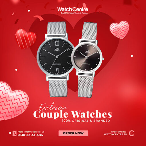 Q&Q QA20-QA21J222Y Black dial Silver Chain Citizen Corporation Japan Brand His and Her Pair watch for couple