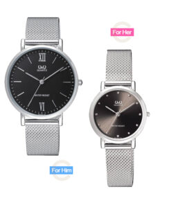 Q&Q QA20-QA21J222Y Black dial Silver Chain Citizen Corporation Japan Brand His and Her Pair watch for couple