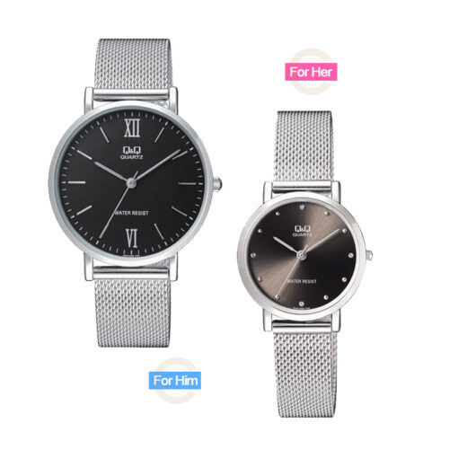 Q&Q QA20-QA21J222Y Black dial Silver Chain Citizen Corporation Japan Brand His and Her Pair watch for couple