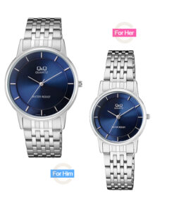 Q&Q-QA56J402-QA57J202 silver stainless steel chain blue analgo dial pair wrist watch for couple