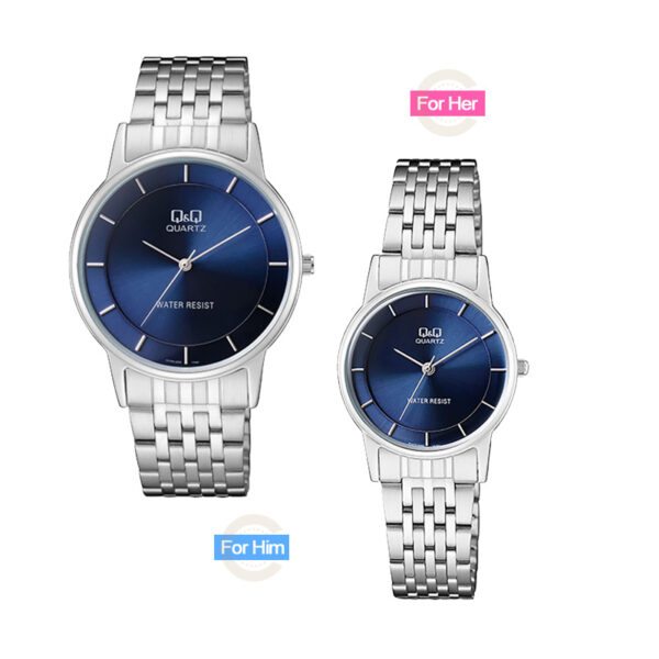 Q&Q-QA56J402-QA57J202 silver stainless steel chain blue analgo dial pair wrist watch for couple