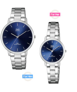 Q&Q QZ00J212Y-QZ01 silver stainless steel chain blue analog dress watch for couple