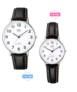 Q&Q QZ00J & QZ01J304Y black leather strap white numeric dial pair watch for couple