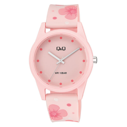 Q&Q V08A-004VY flower printed resin band pink dial ladies analog watch