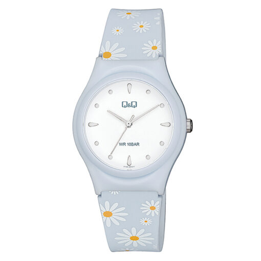 Q&Q-V10A-004VY flower printed resin band white analog dial ladies watch