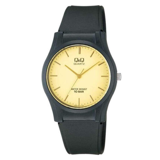 Q&Q VQ02J002Y golden analog dial black resin band unisex quartz watch
