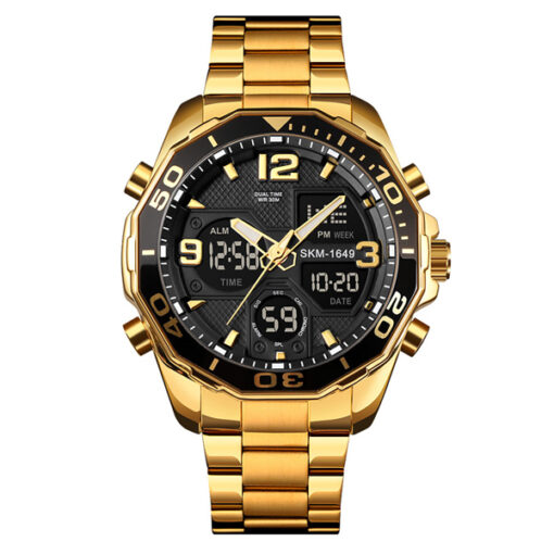 Skmei-1649GD golden stainless steel black dial men's analog digital gift watch