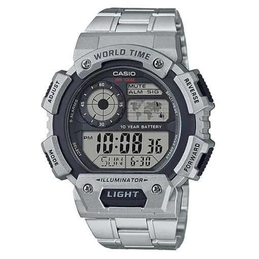 Casio AE-1400WHD-1AV silver stainless steel chain digital dial world time feature men's sports watch