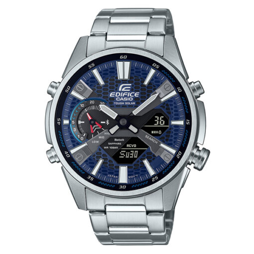 Casio Edifice ECB-S100D-2A silver stainless steel chain blue analog digital dial men's solar powered wrist watch