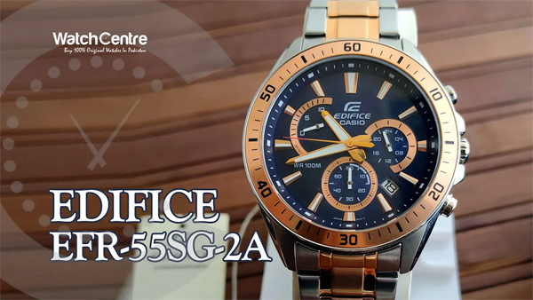 Casio Edifice EFR-552SG-2AV two tone stainless steel chain & blue chronograph dial men's dress watch video review
