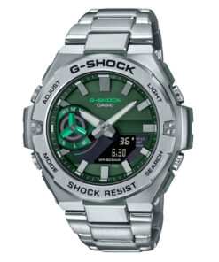 G-Shock GST-B500AD-3A silver stainless steel chain green analog digital dial men's solar powered dress watch