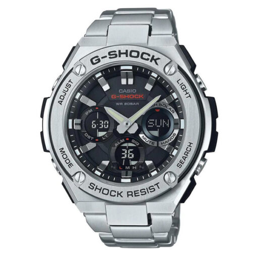Casio G-Shock GST-S110D-1A silver stainless steel chain black analog digital dial men's tough solar wrist watch