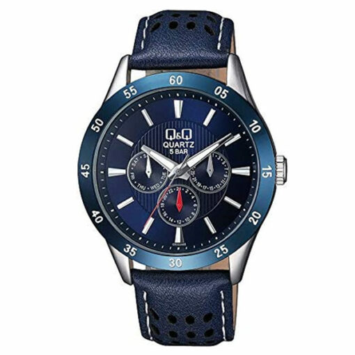Q&Q CE02J502Y Blue Leather Strap Multi-Hand Dial Men's Wrist Watch