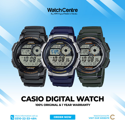 Casio AE-1000 series youth digital sports watches with world time, 10 years battery, stopwatch, timer, alarm & water resistance