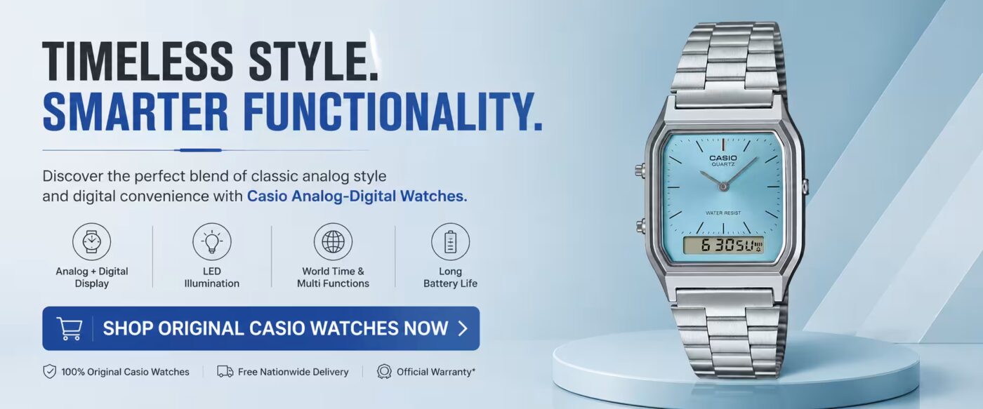 Blue dial AEQ new Casio analog digital watch banner