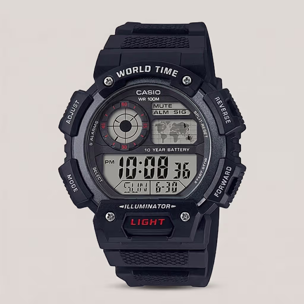 Casio AE-1400WH-1AV black resin band digital dial world time feature men's sports watch