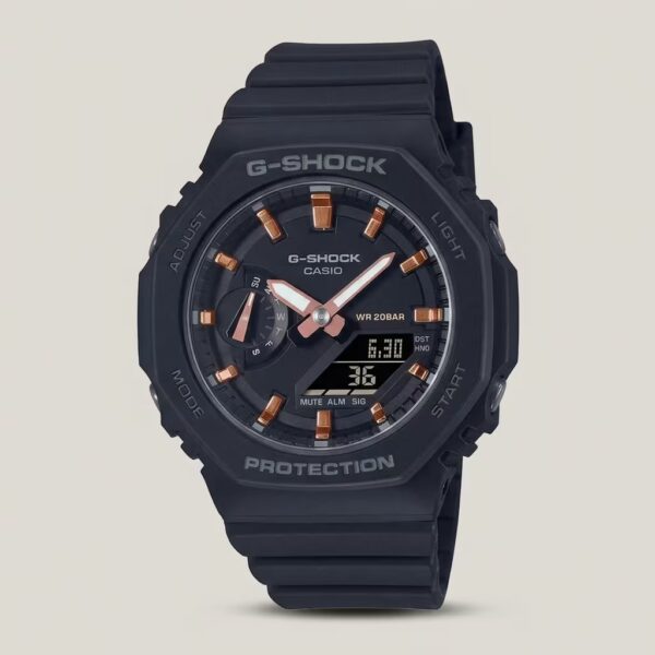 Casio G-Shock men's black analog-digital watch with rose-gold accents, shock-resistant design and 200M water resistance