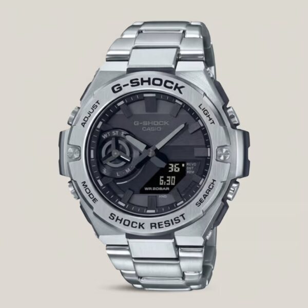 Casio G-Shock men's silver metal analog-digital watch with black dial, shock-resistant design and 200M water resistance