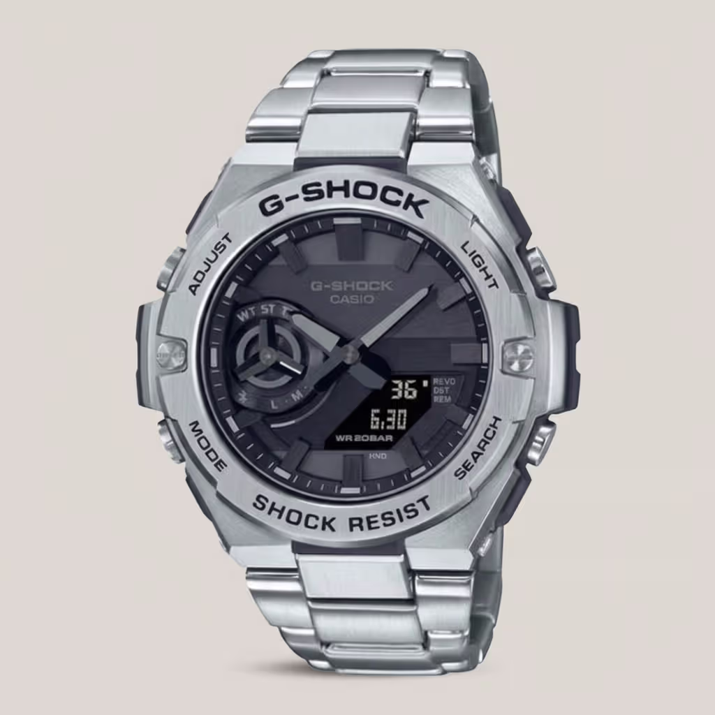 Casio G-Shock men's silver metal analog-digital watch with black dial, shock-resistant design and 200M water resistance
