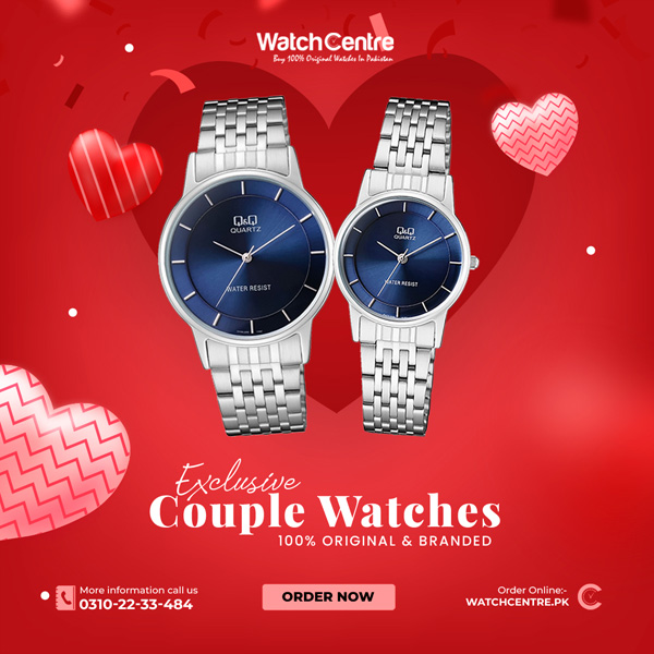 Q&Q budget range pair watches for couple in silver steel chain & simple blue analog dial with water resistance quartz movement