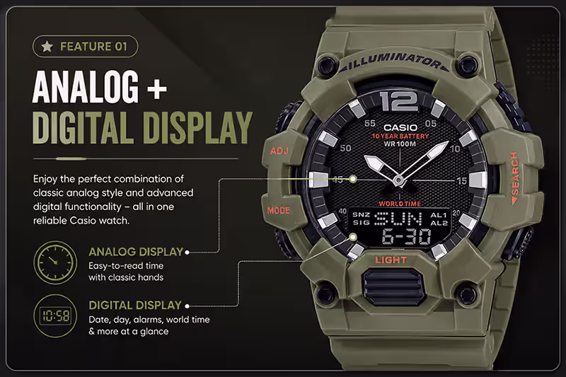 Analog Digital display feature Casio watches