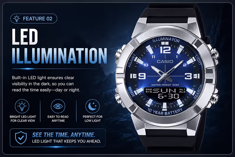 Led Illumination feature Casio analog digital watches