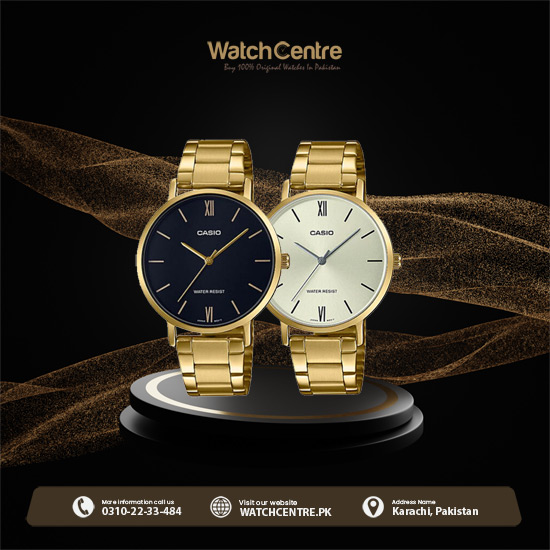 Casio LTP VT01G ladies bracelet wrist watches in golden stainless steel chain & big analog dial