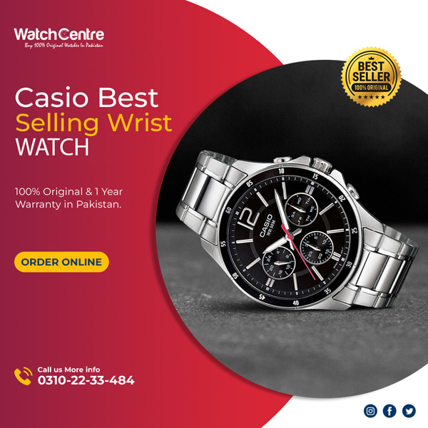 Casio MTP 1374D 1AV men's multi-hand dial dress watch in black multi hand dial & silver stainless steel chain #1 best seller