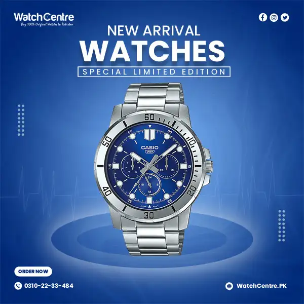 Casio MTP VD300D 2E blue multi hand dial men's dress watch in silver steel chain & water resistance
