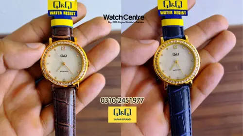 Q&Q ladies blue & brown leather strap wrist watches QB45 series