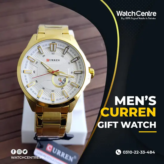 8372 curren men's golden analog watch in white dial & water resistance