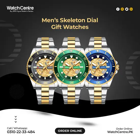 8412 series Curren men's analog gift watch in skeleton dial & blue green black attractive design with water resistance