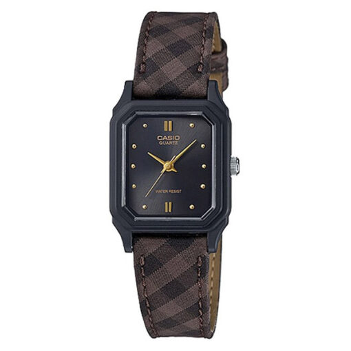 Casio LQ-142LB-1A brown patterned leather strap black analog dial ladies dress watch
