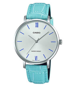 Casio LTP-VT01L-7B3 blue leather strap silver analog dial ladies dress watch