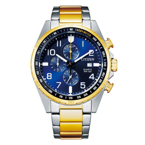 Citizen AN3654-50L two tone stainless steel chain blue chronograph dial men's gift watch