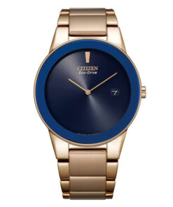 Citizen AU1066-80L rose gold stainless steel chain blue analog dial men's eco drive splash resistant dress watch