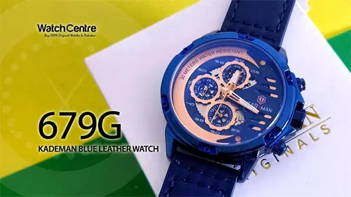 Kademan 679G blue leather strap round multi-hand dial men's quartz watch video review