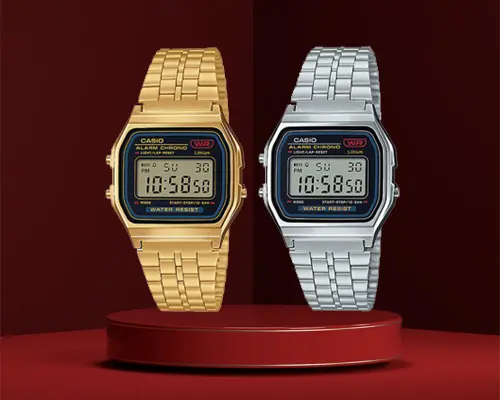 A159 series Casio vintage digital wrist watches in golden & silver stainless steel chain