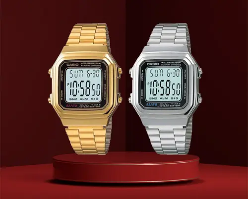 A178 series Casio vintage digital wrist watches in silver & golden stainless steel chain