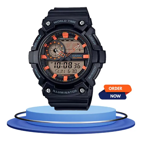 AEQ-200W-1A2 black resin strap & analog digital wrist watch with orange contrast in the dial