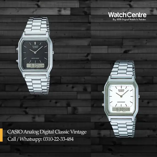 Casio silver vintage analog digital aq 230a wrist watches in black & white dial