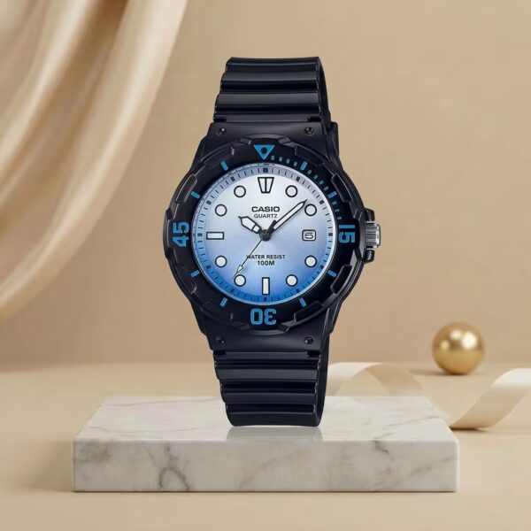 Casio ladies blue gradient dial watch with black resin strap, date display and 100M water resistance
