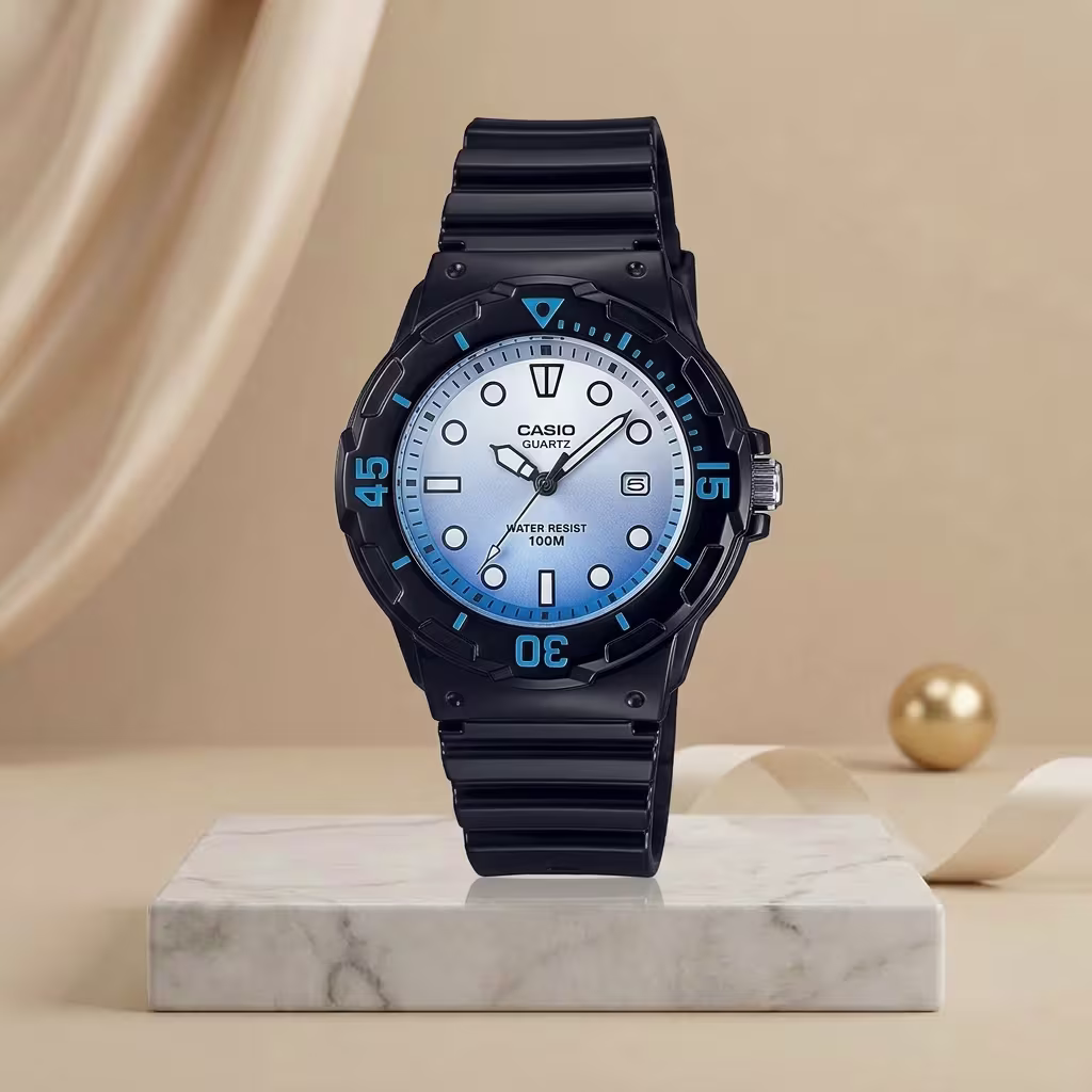 Casio ladies blue gradient dial watch with black resin strap, date display and 100M water resistance