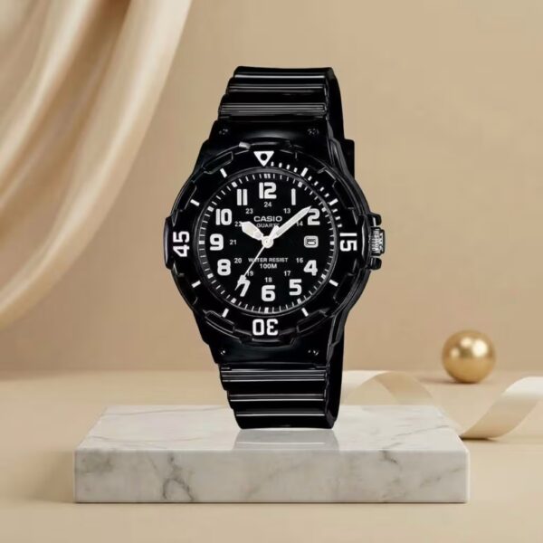 Casio LRW-200H-1B ladies black dial watch with black resin strap, date display and 100M water resistance