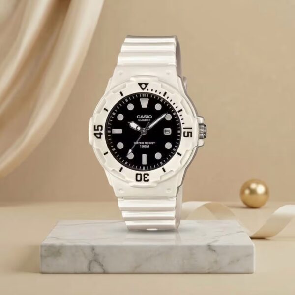 Casio LRW-200H-1E ladies white resin watch with black dial, date display and 100M water resistance