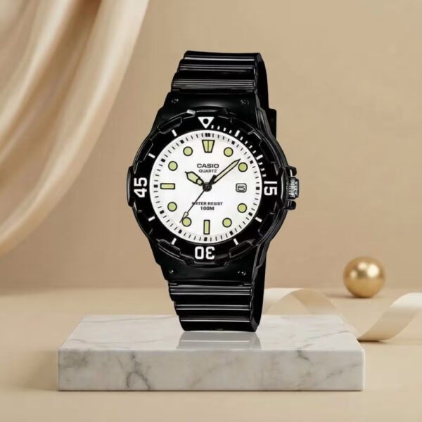Casio LRW-200H-7E1 ladies white dial watch with black resin strap, date display and 100M water resistance